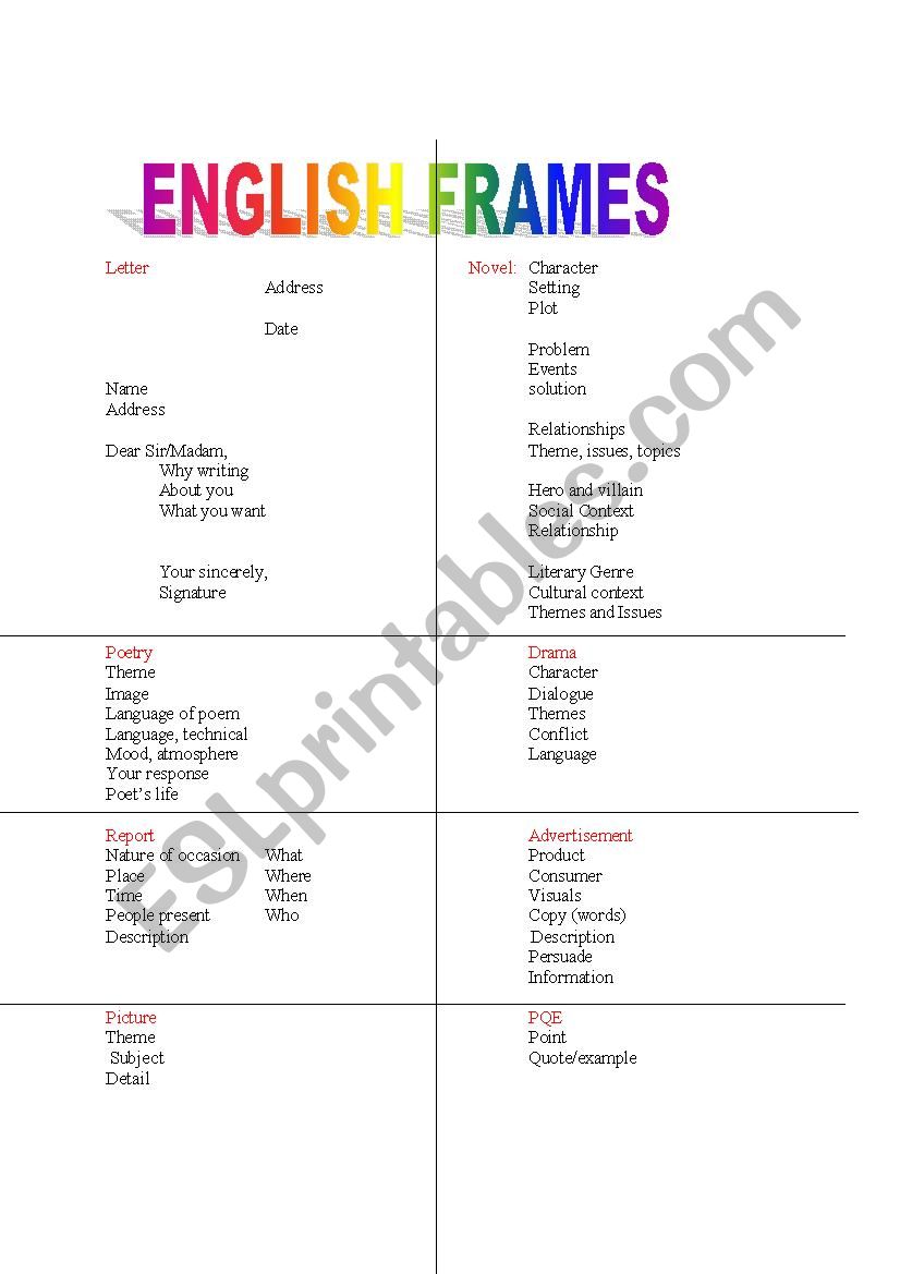 english frames worksheet