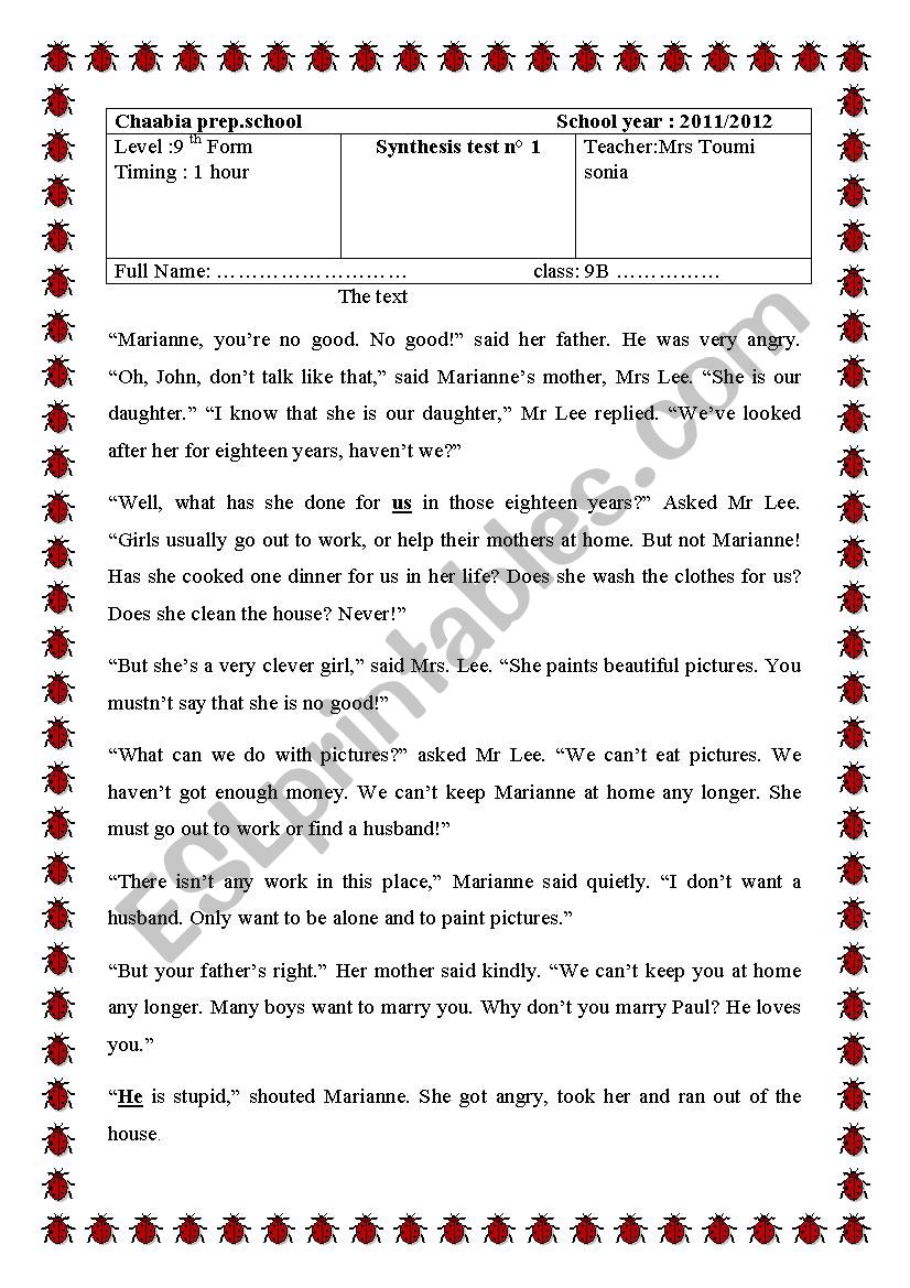 END-TERM TEST N° I 9th forms - ESL worksheet by toumisonia