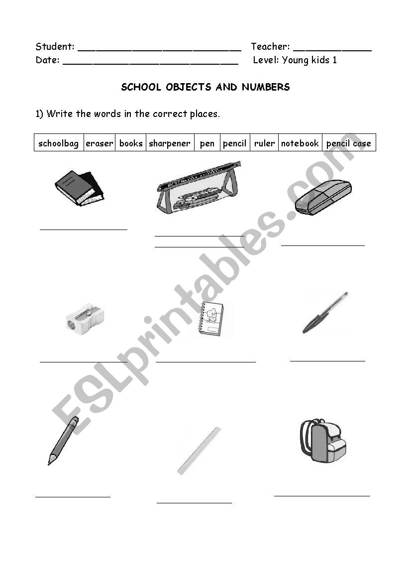 SCHOOL OBJECTS AND NUMBERS worksheet