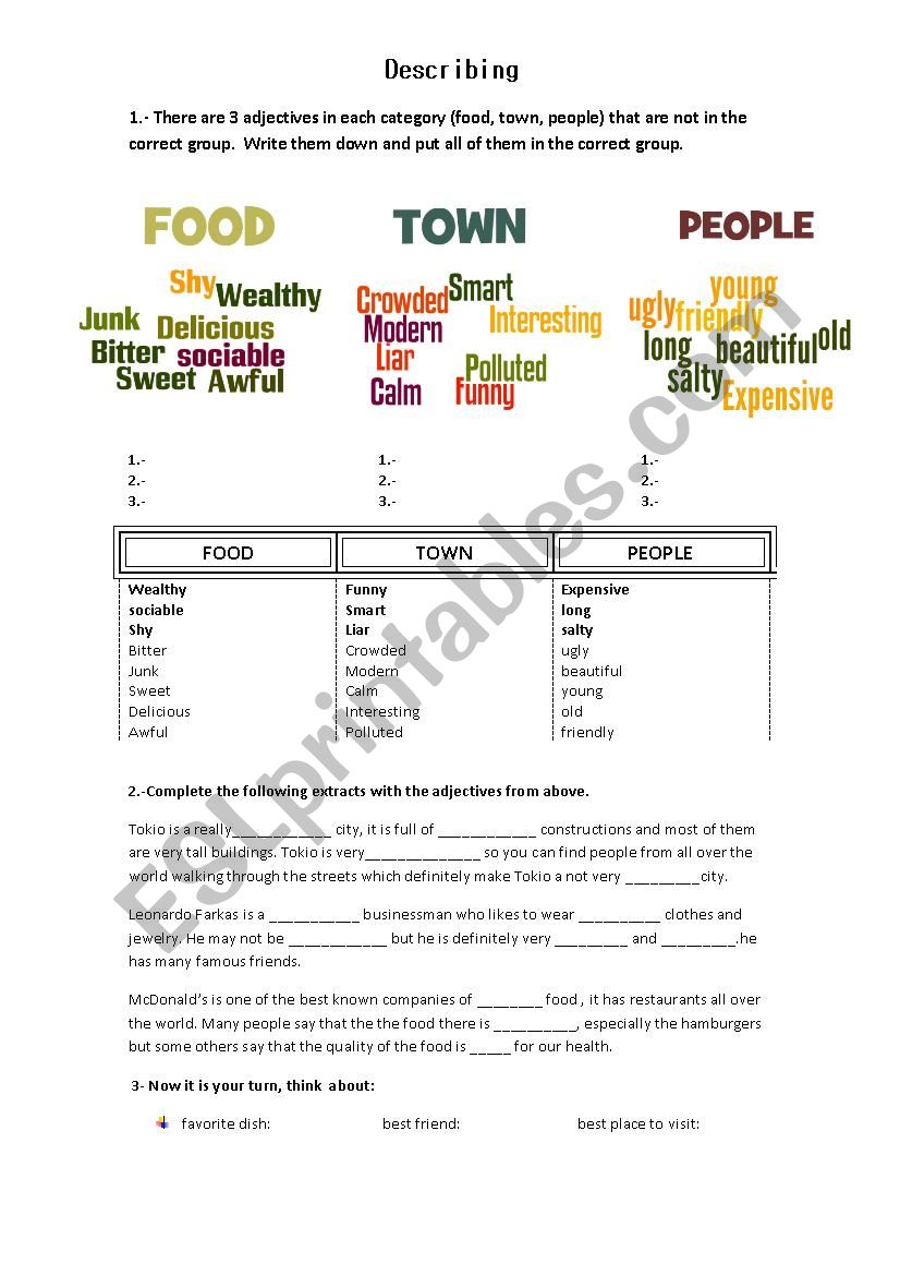 Adjectives for describing worksheet