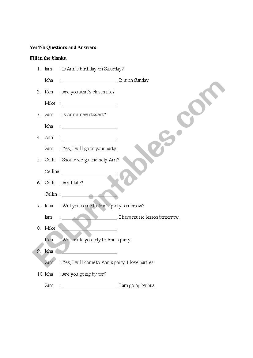 Yes/No Questions Worksheet worksheet