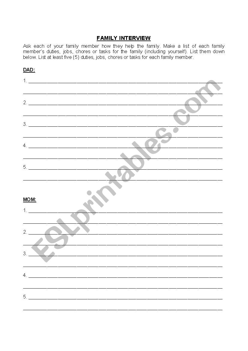 Family Interview worksheet