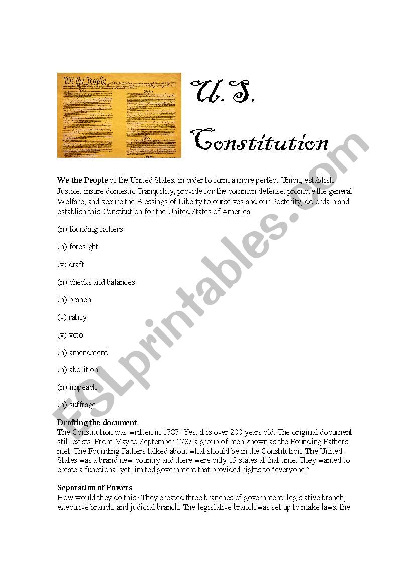 U.S. Constitution - ESL worksheet by SarahDyer21 Regarding The Us Constitution Worksheet
