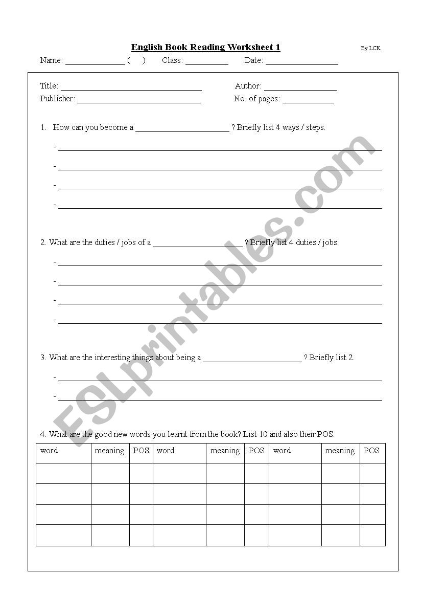 Book Report Form worksheet