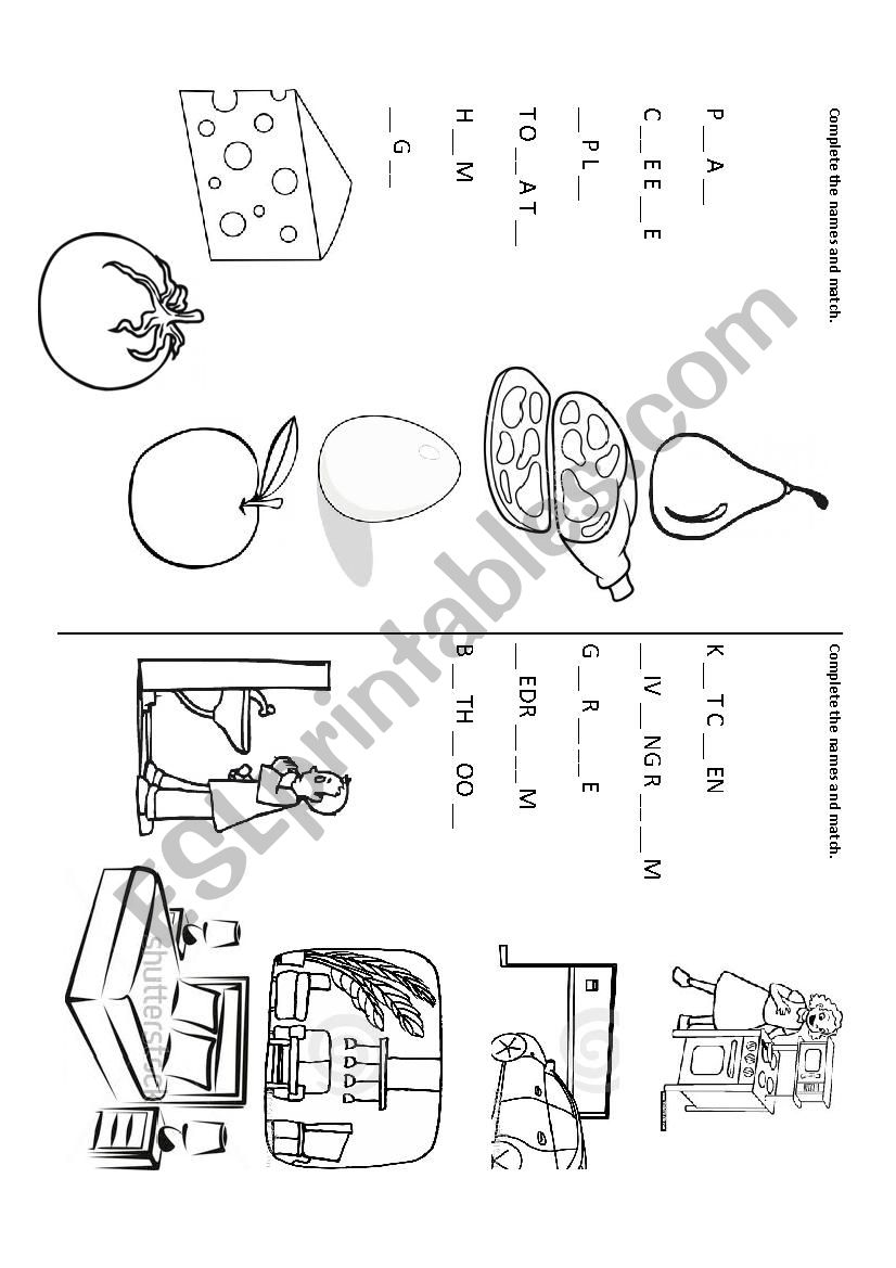 parts of the house + food worksheet