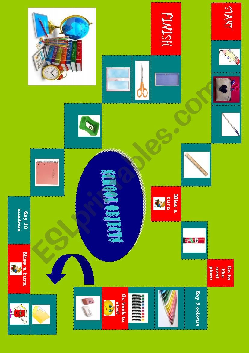 School objects board game worksheet