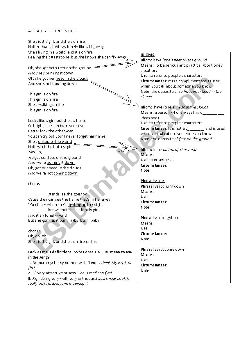 Alicia Keys - this girl´s on fire - ESL worksheet by JOHNPALMER