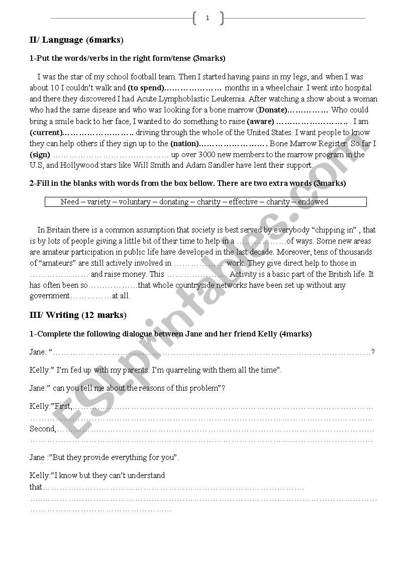 end of term test n°1 ( 3nd form tunisia L + W) - ESL worksheet by imen ...