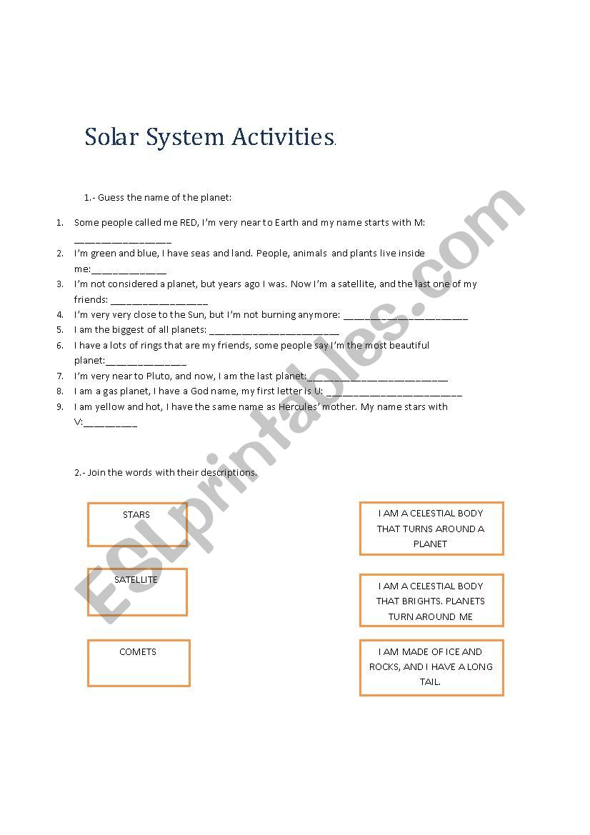 Solar System Activities. worksheet