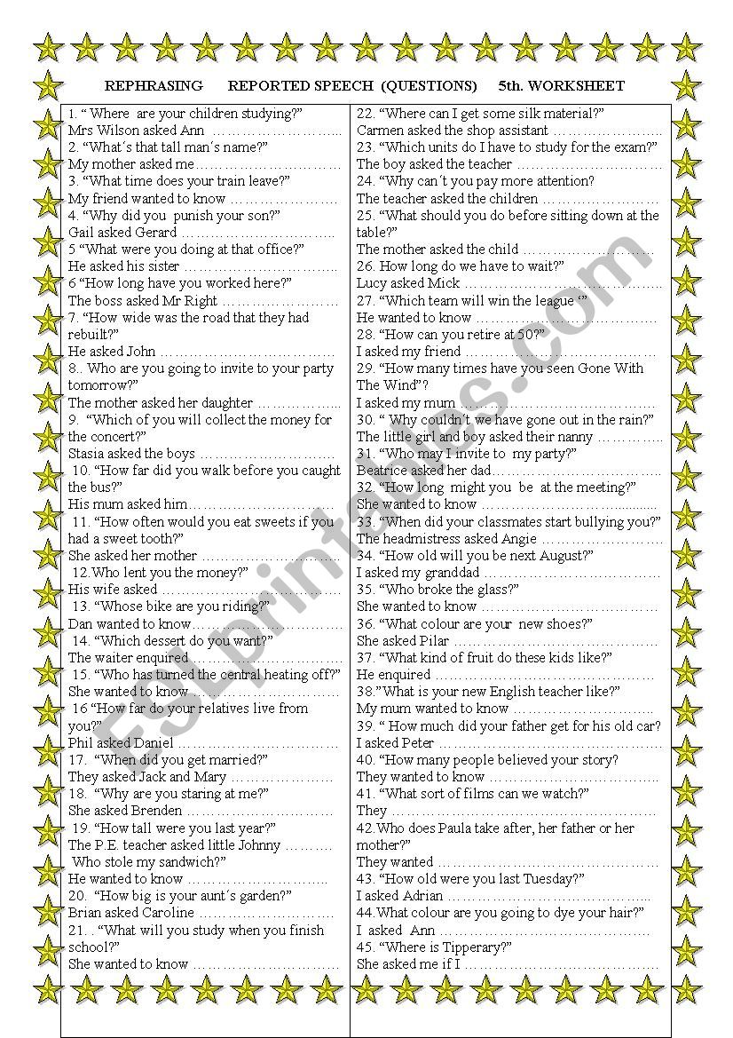 Rephrasing Reported Speech ( wh.questions) Fourth Worksheet - ESL ...
