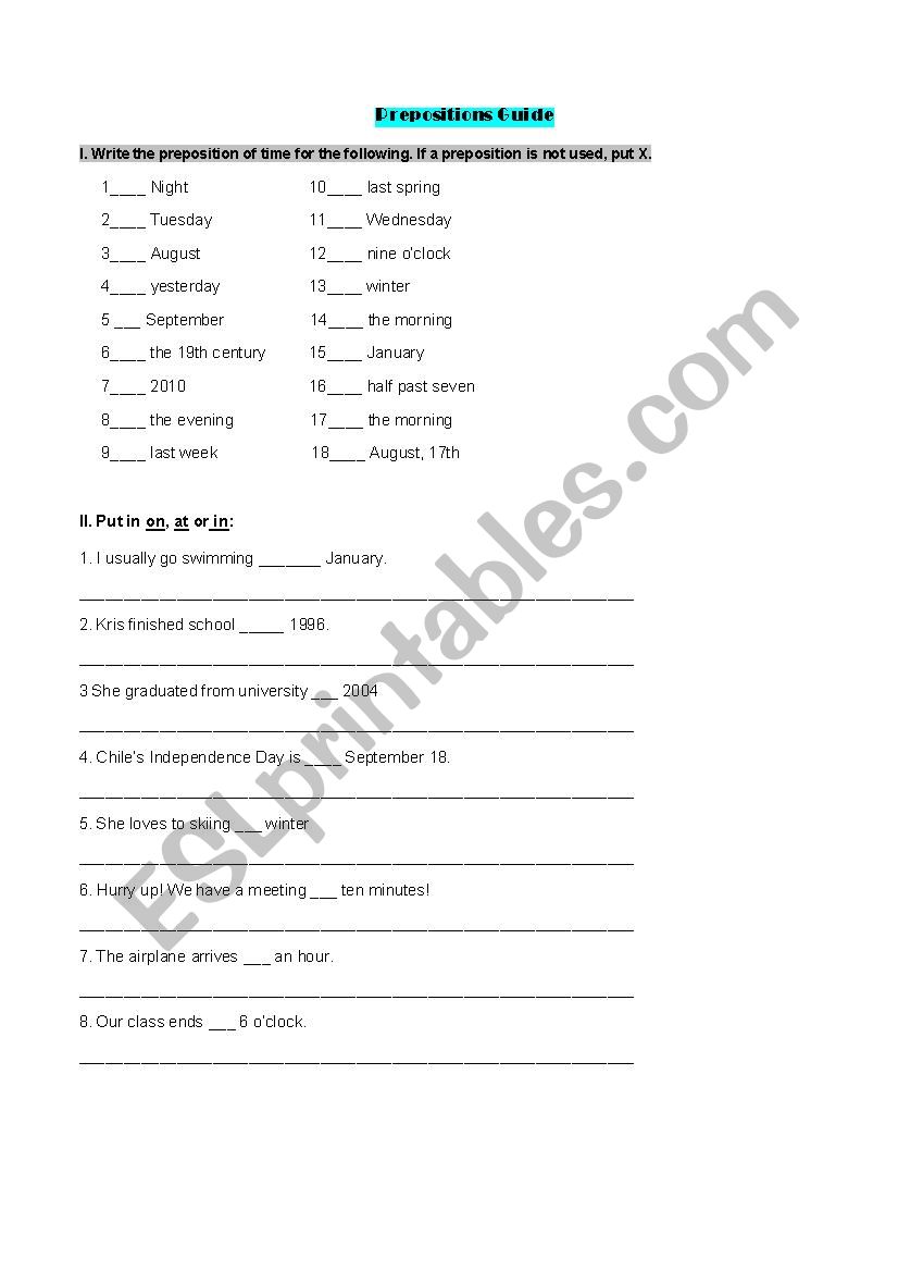 Preposition Guide worksheet