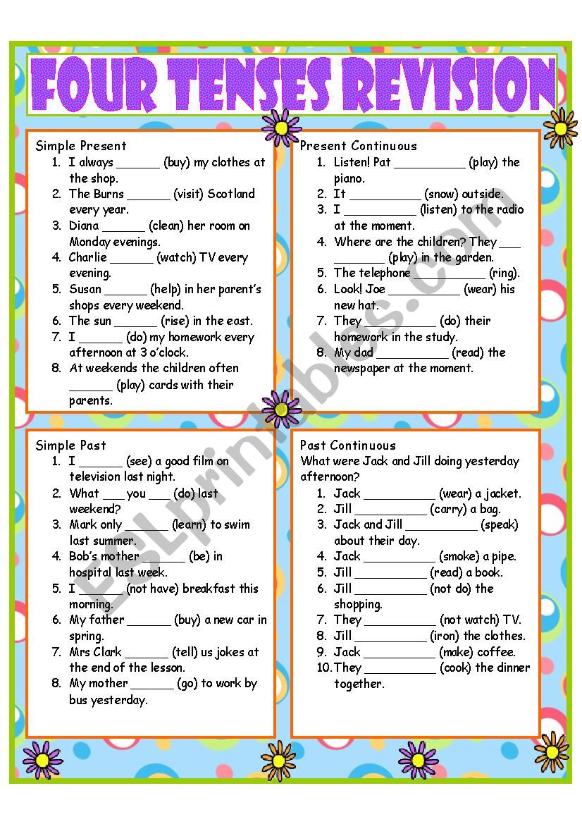 Four Tenses Revision ESL Worksheet By Kr mel