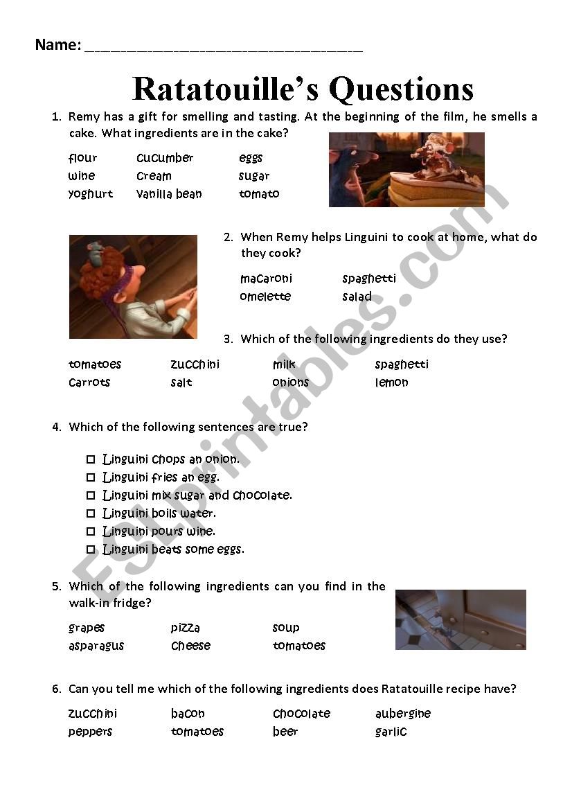 Ratatouille´s questions about the film ESL worksheet by rosica