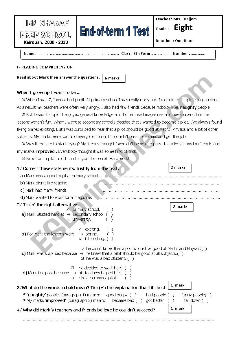 Term 1 Test worksheet