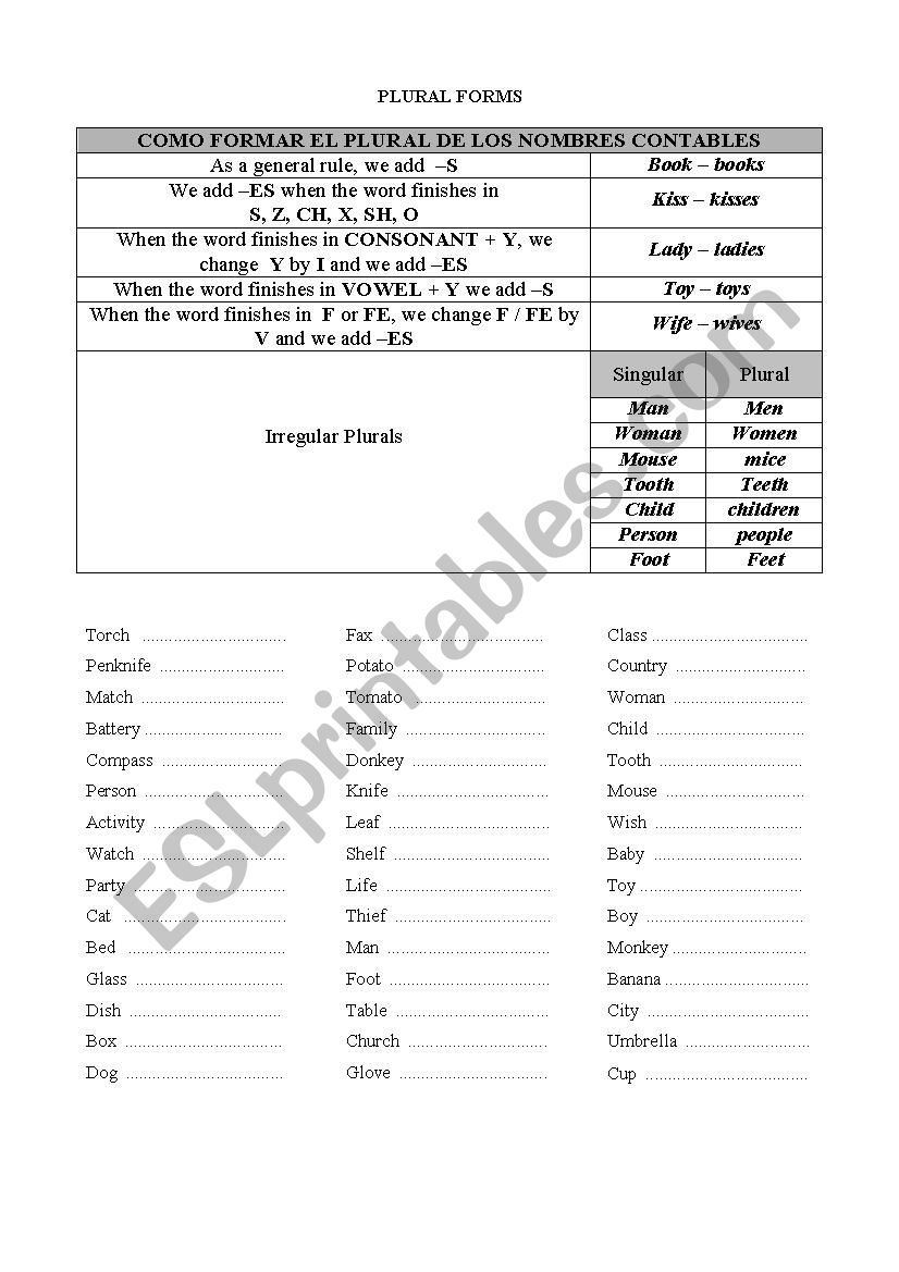 plural - ESL worksheet by gemetapizpireta