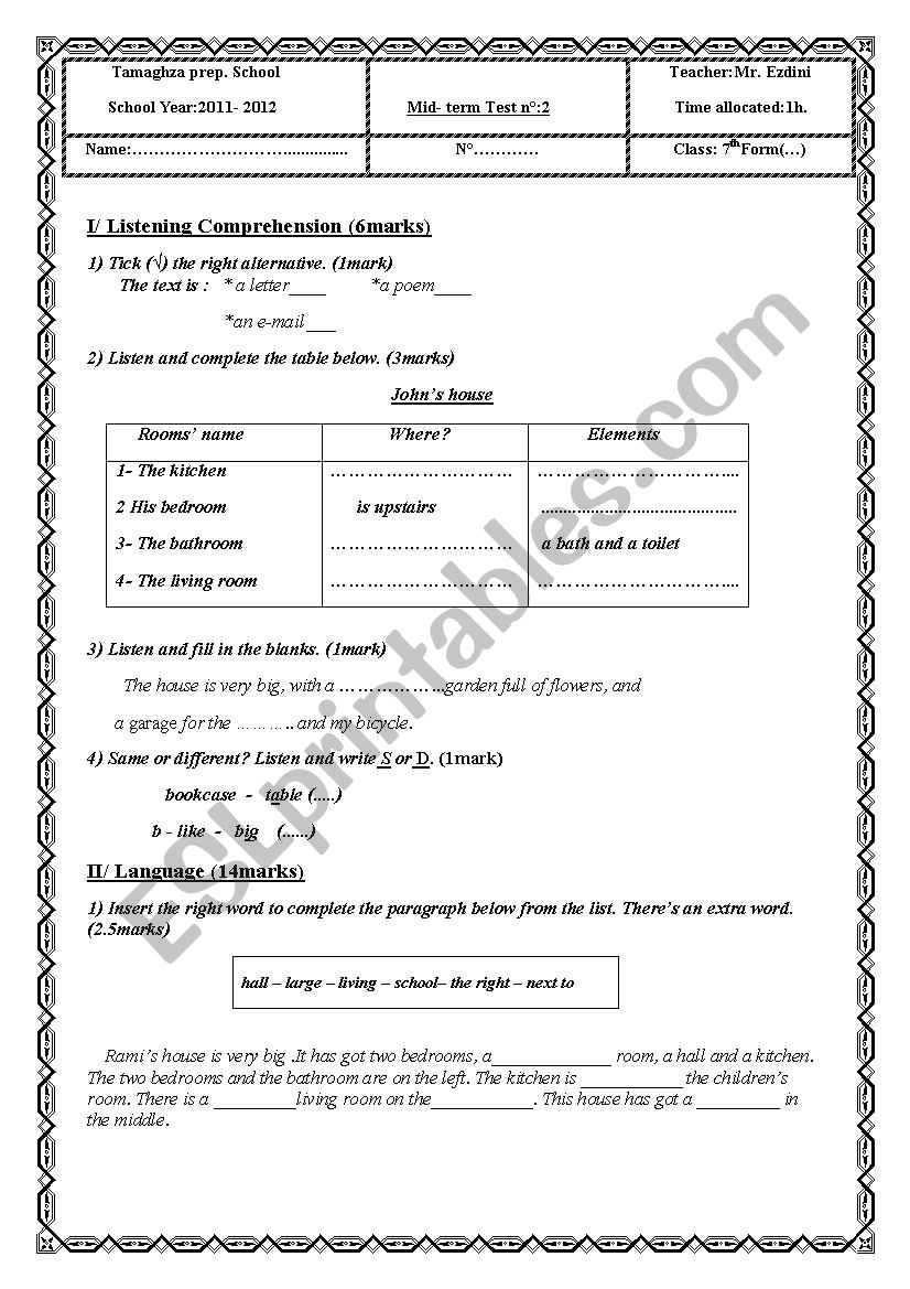 Mid-term test n°2 - ESL worksheet by ezdini