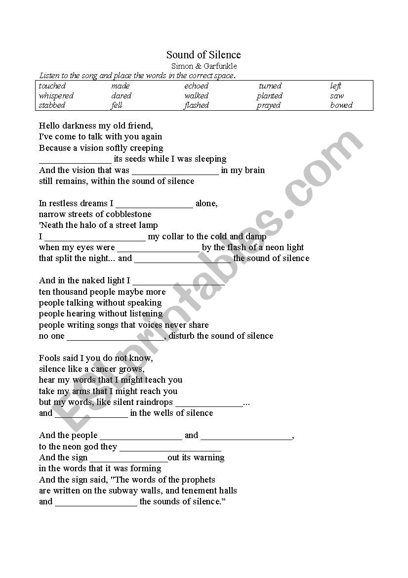 Sound of Silence Listening Exercise ESL worksheet by catmeow