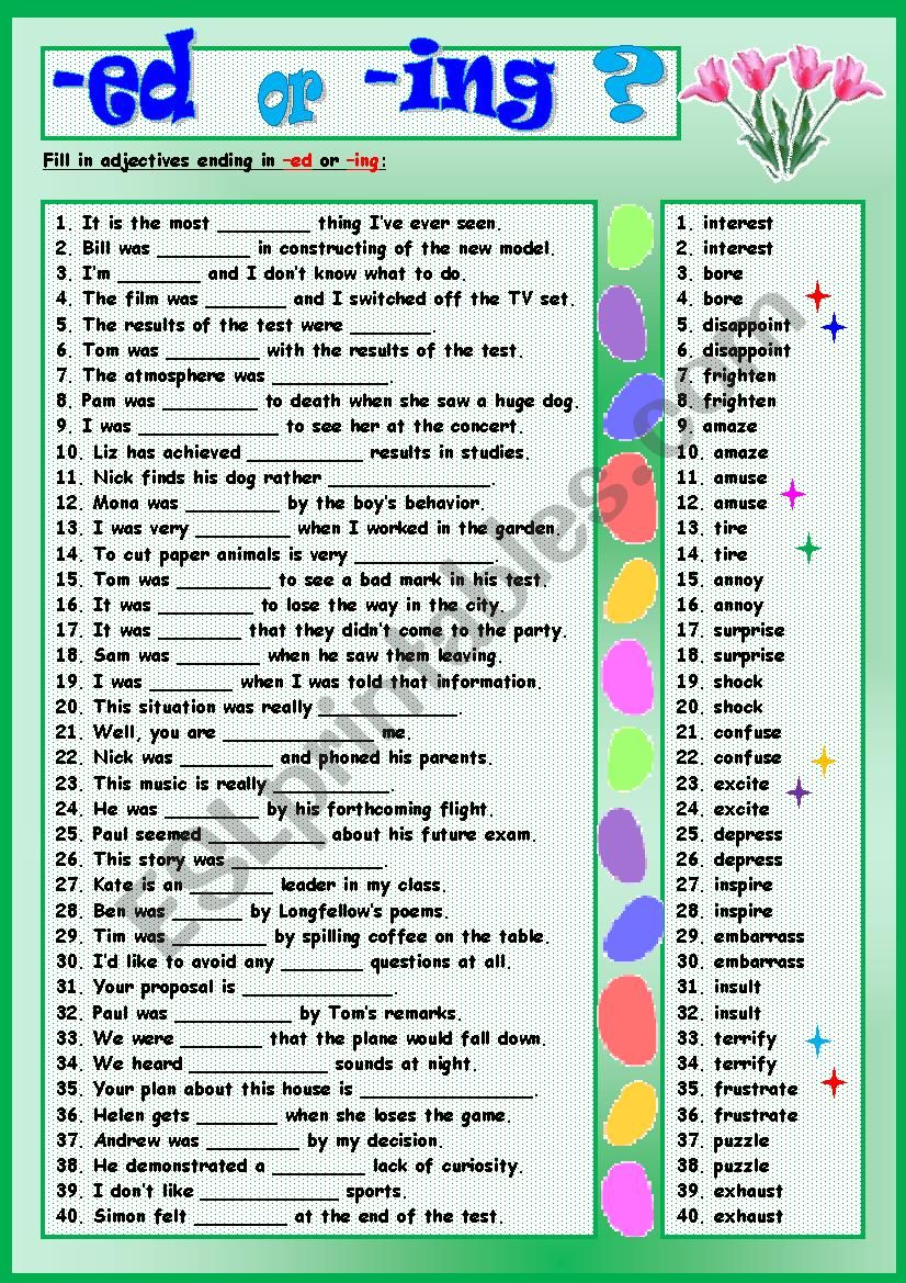 Ed Ing Adjectives Worksheet