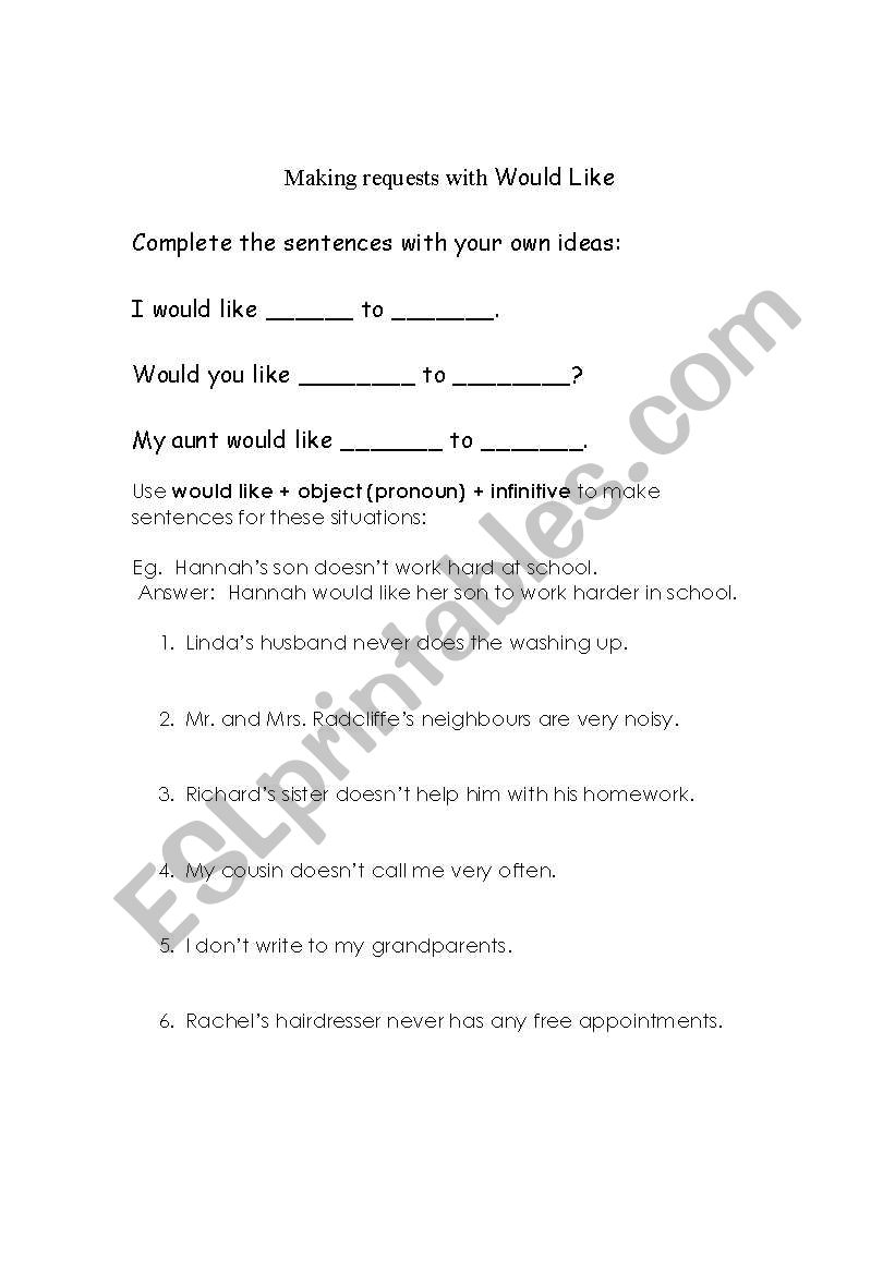 Requests with Would like worksheet