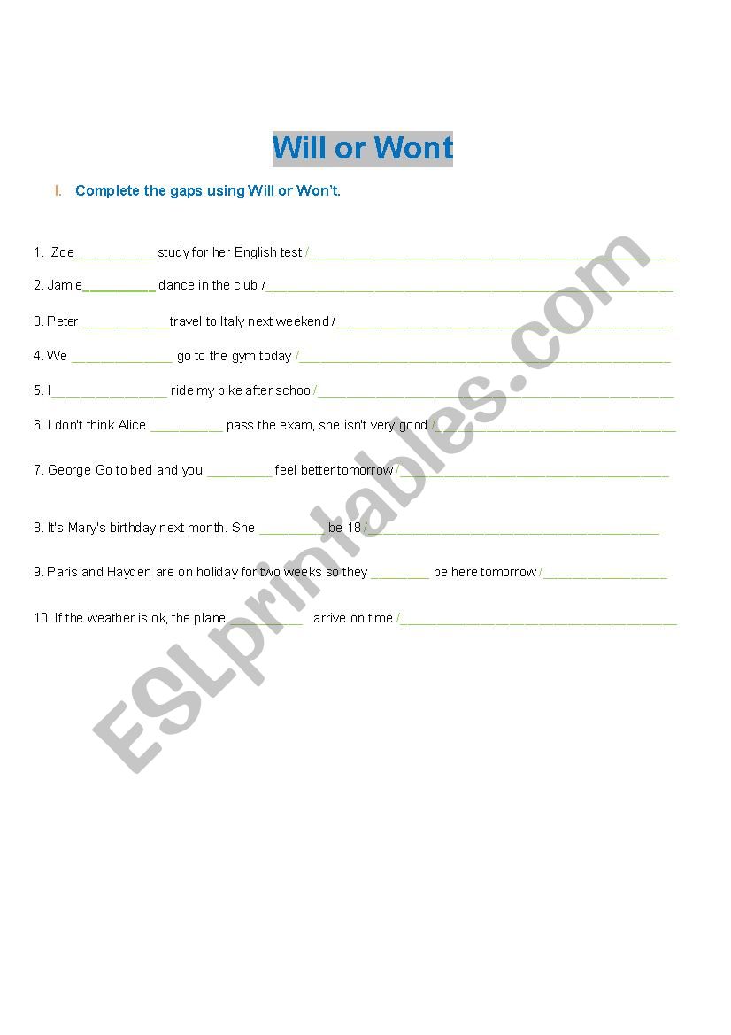Will or Wont worksheet