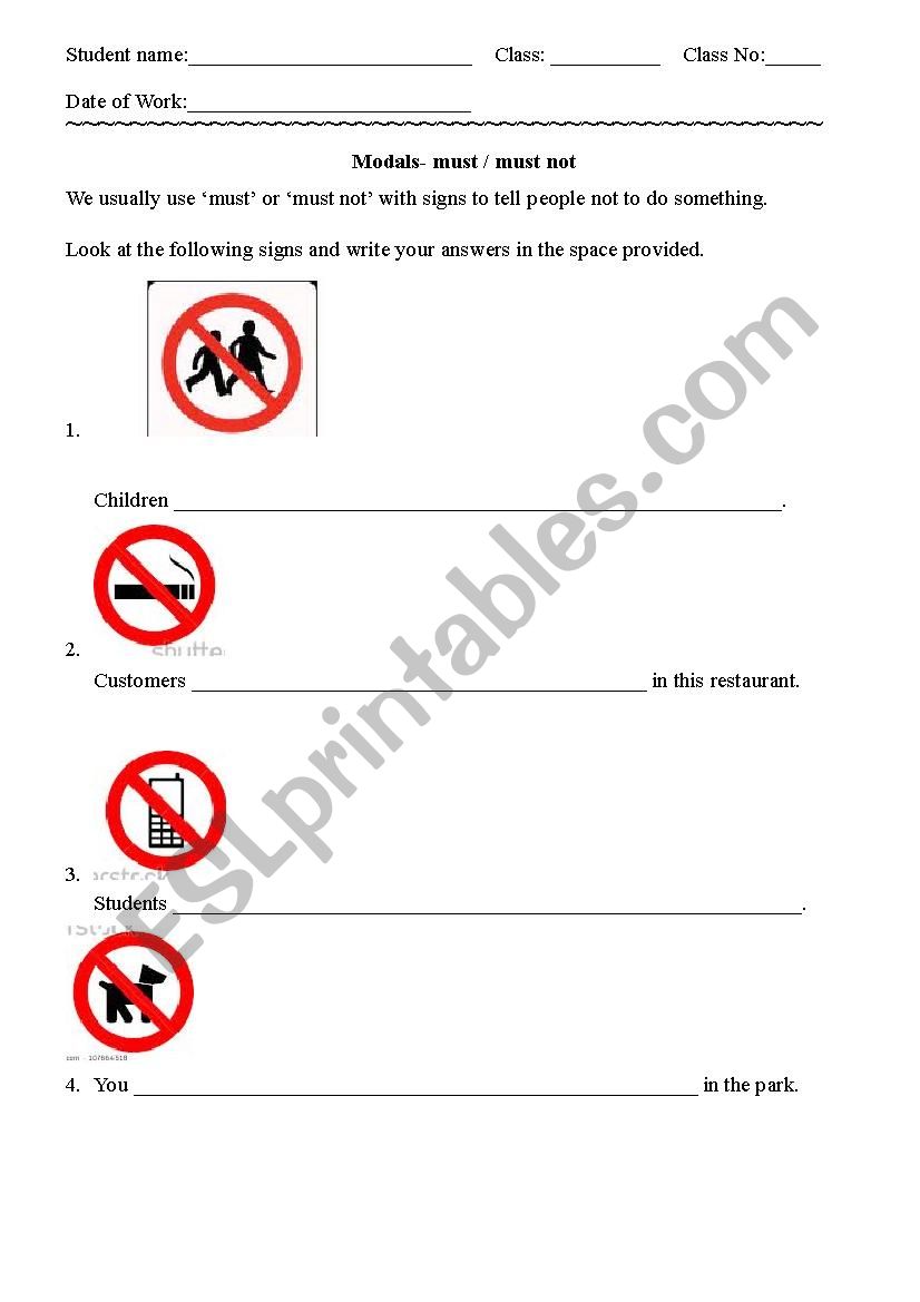 Modal verbs-must or must not worksheet