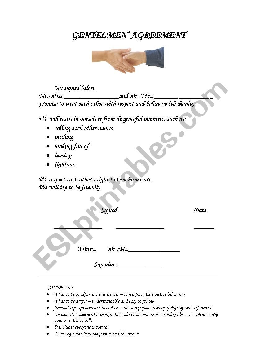 Gentlemen´ agreement ESL worksheet by eflmon