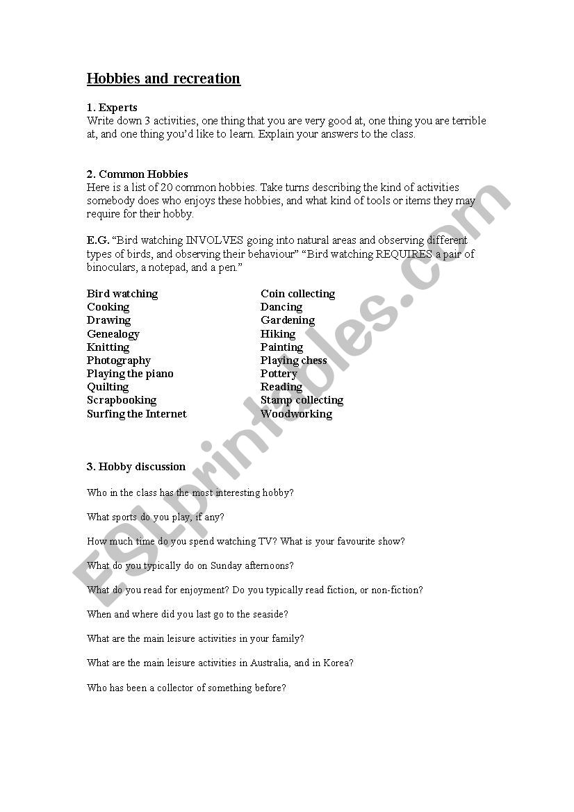 Hobbies and Recreation worksheet