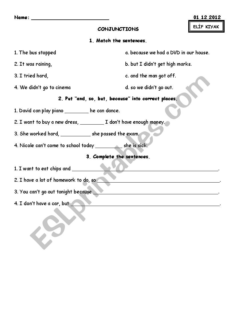 And, so, because, but worksheet