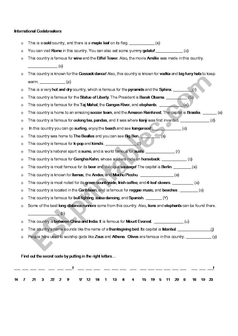 International Codebreakers worksheet