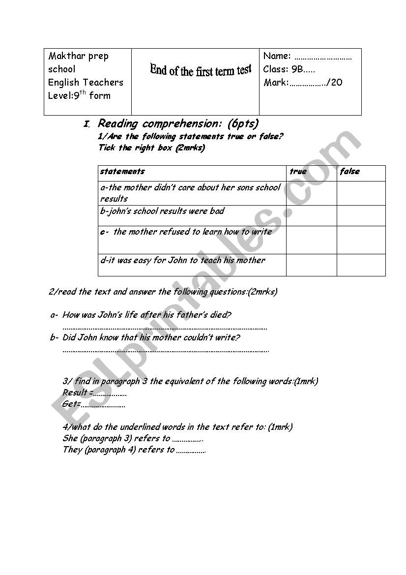 end term test 9th form worksheet