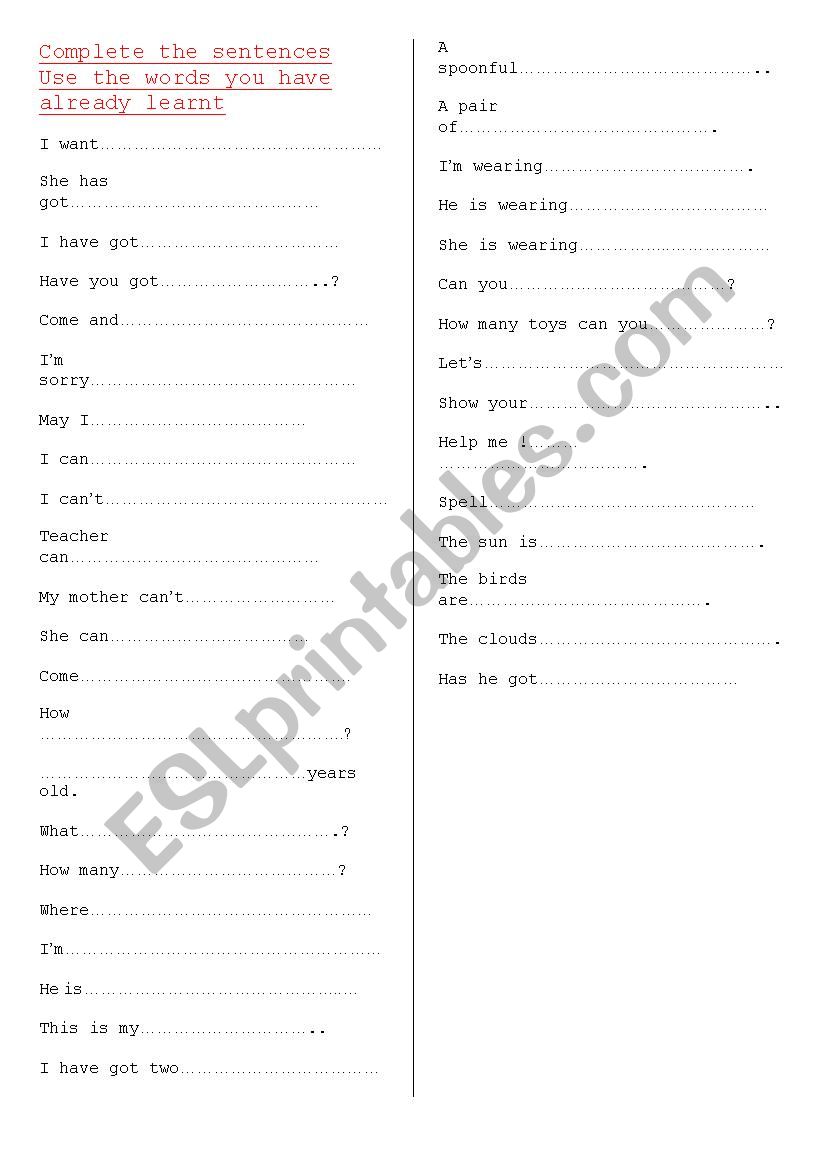 exercises worksheet