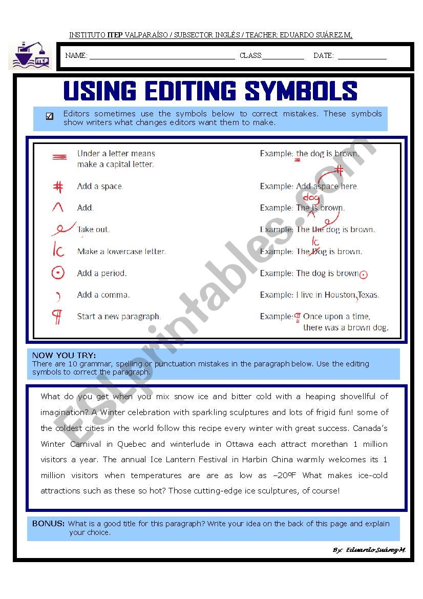 Using Editing Symbols worksheet