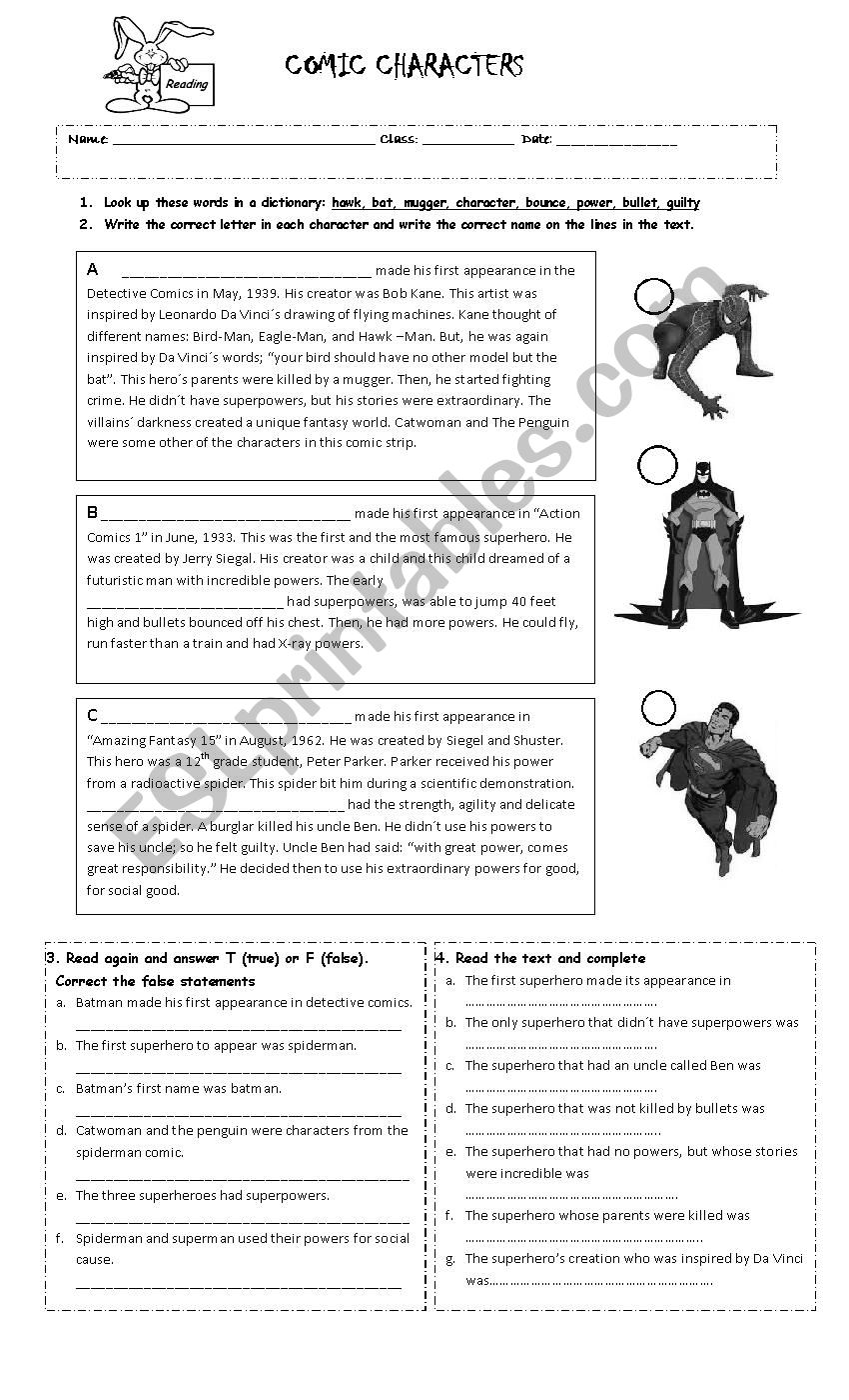 comic characters worksheet