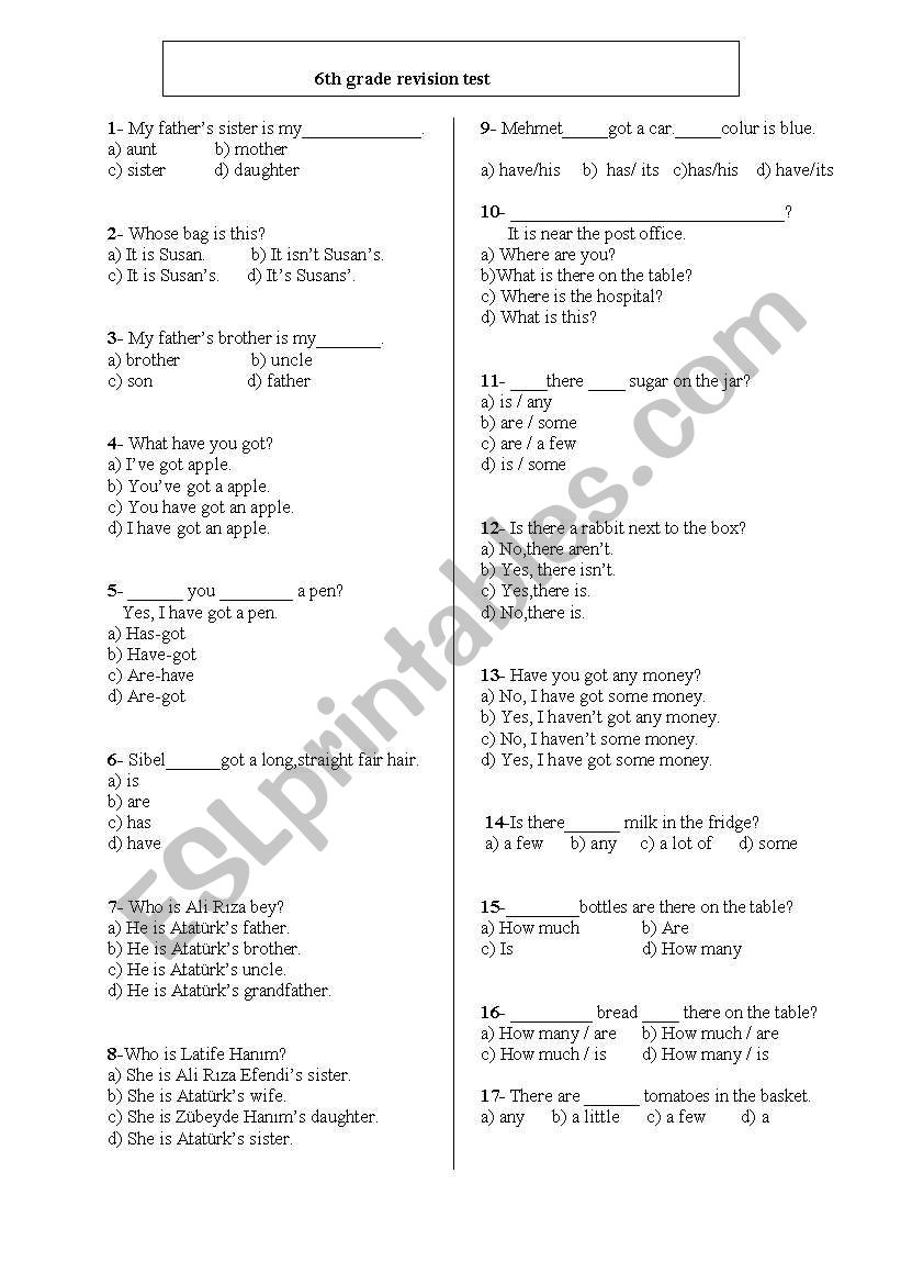 revision test worksheet