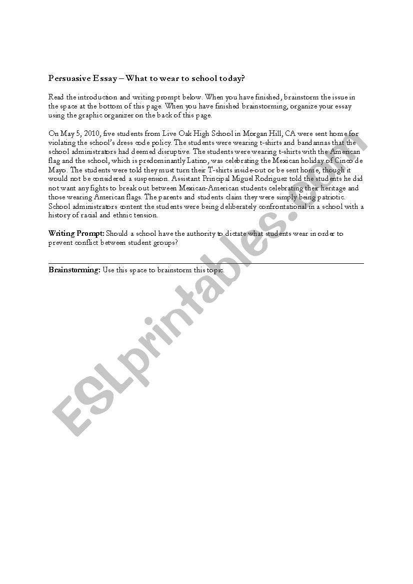 Persuasive Esssay-- T-shirts worksheet