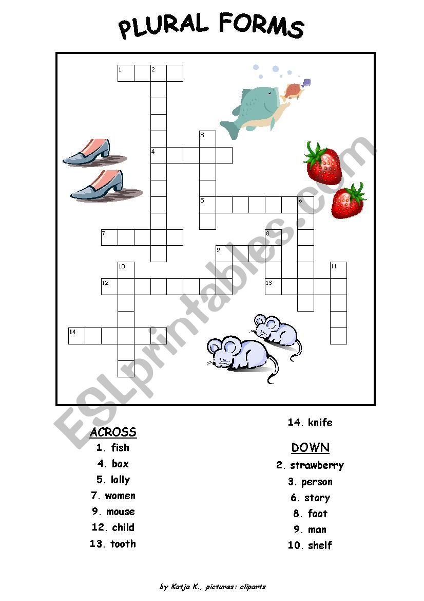 crossword and wordsearch plural forms ESL worksheet by Kailu1983