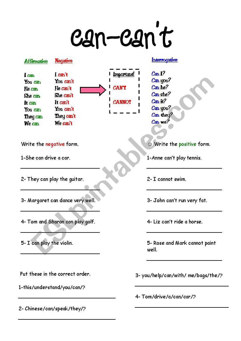 Can/cant(ability) worksheet