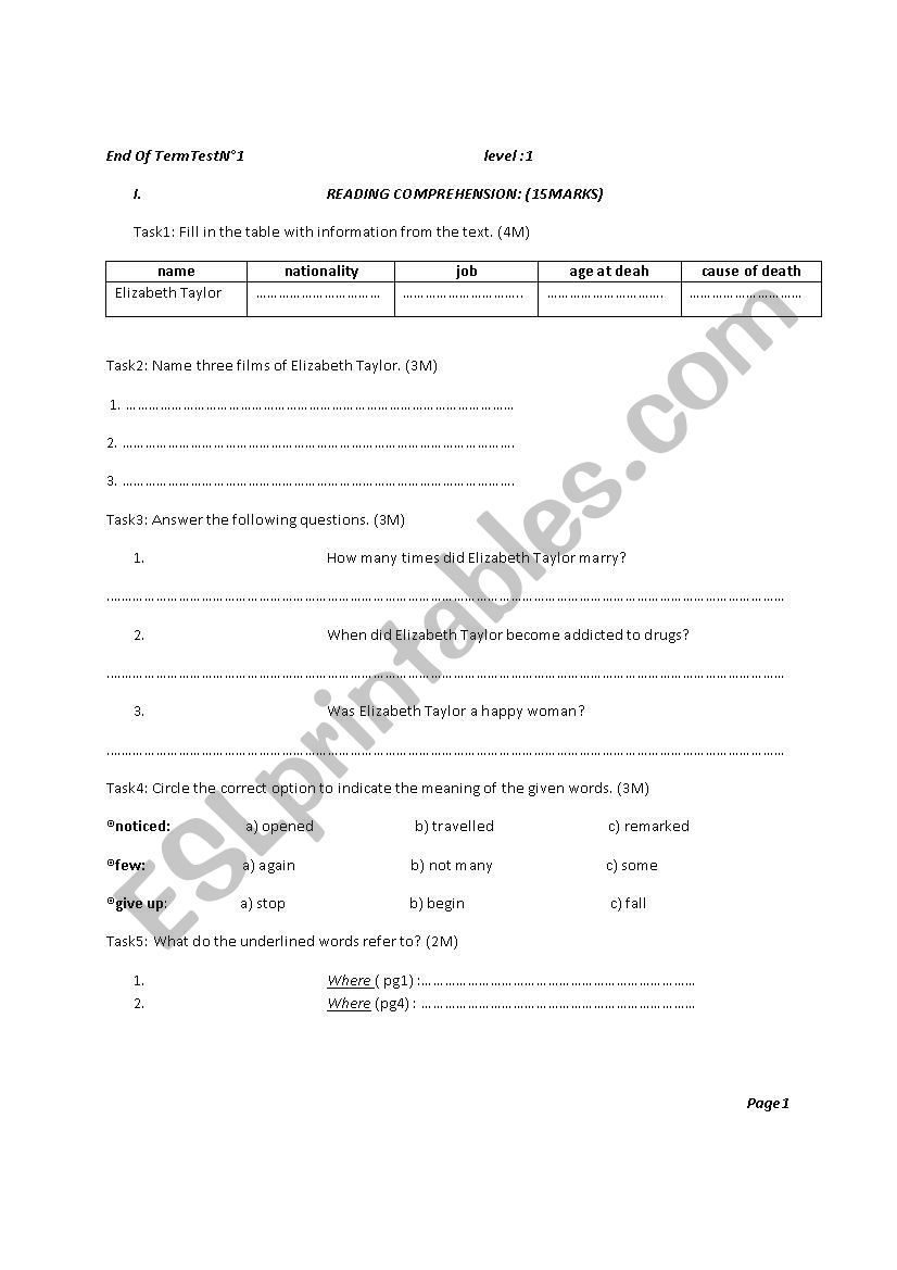 end of term test n°1 for first year - ESL worksheet by meriem12