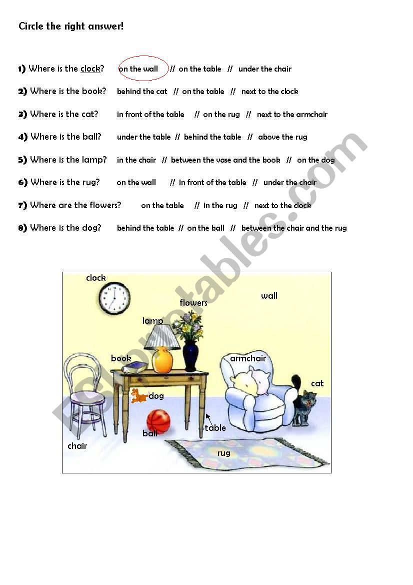 Prepositions- Where is ...? (in a living room) multiple choice, beginners