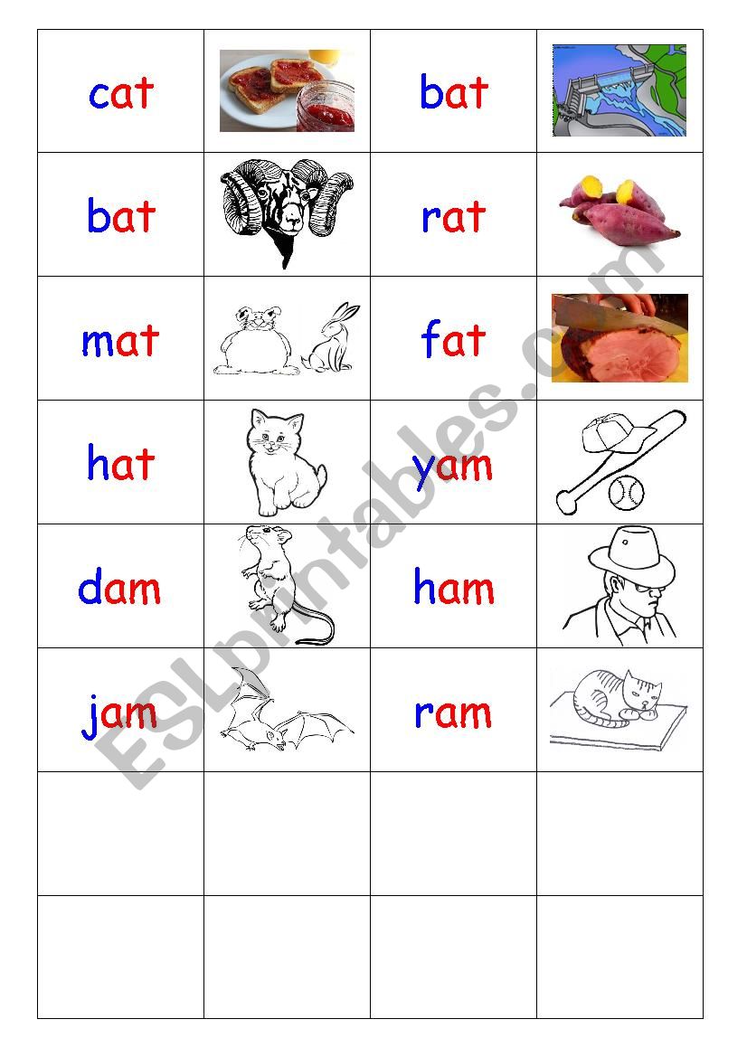 Phonics 3 Letter Words CVC Dominoes AT AM ESL Worksheet 