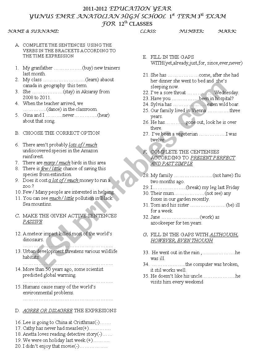 exam worksheet