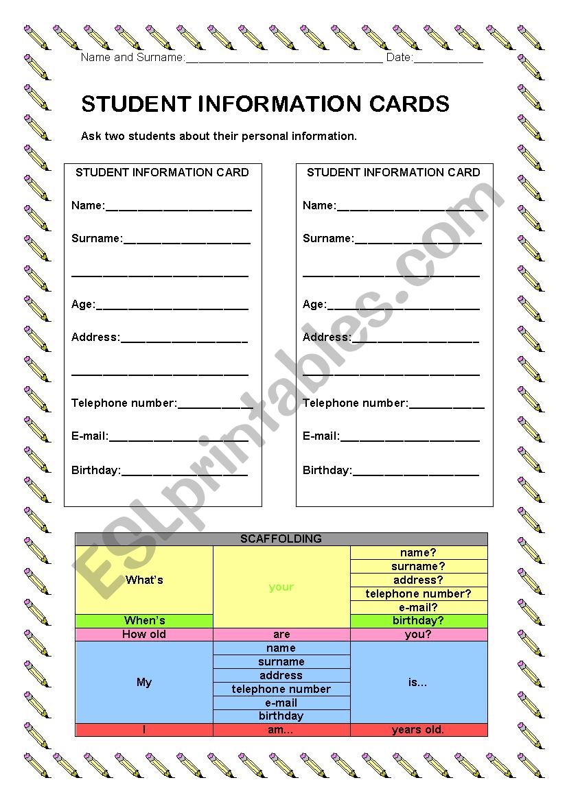 student information cards worksheet