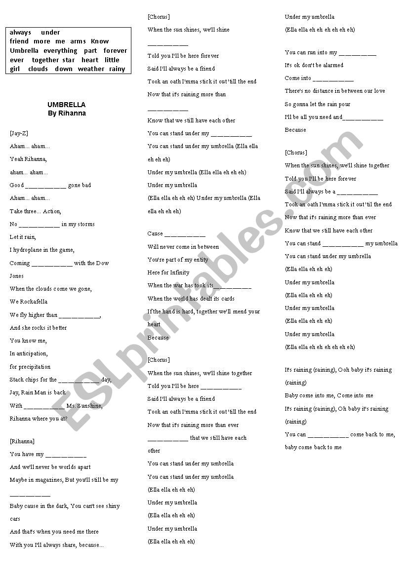 Umbrella by Rihanna worksheet