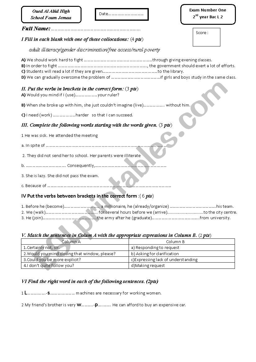 exam worksheet