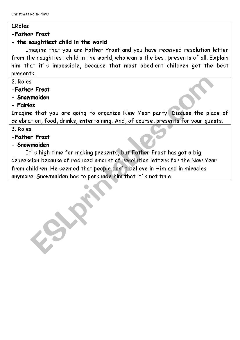Christmas role-plays worksheet