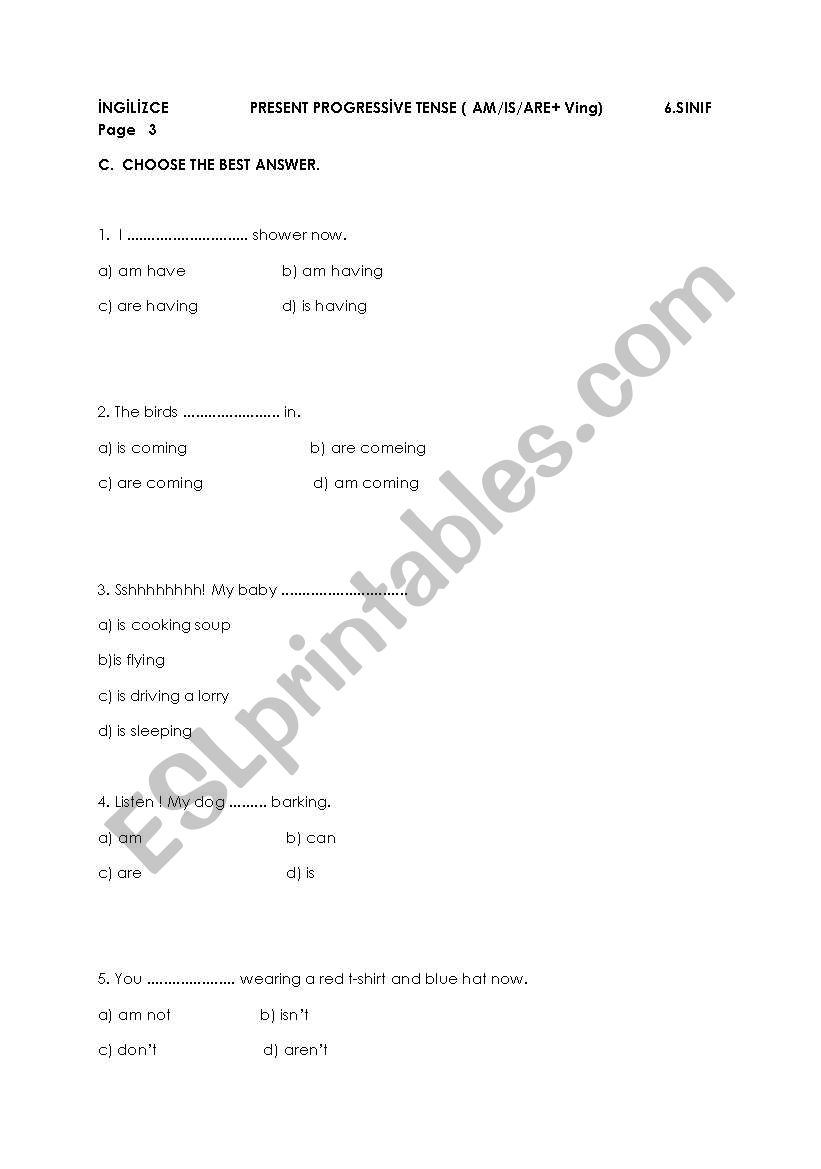 Worksheet  for Present Progressive Tense 