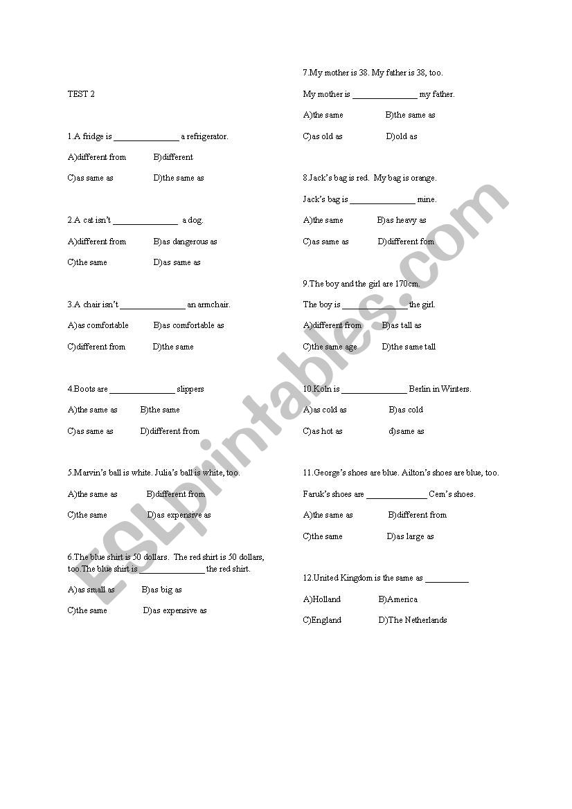 TEST ON COMPARISONS worksheet