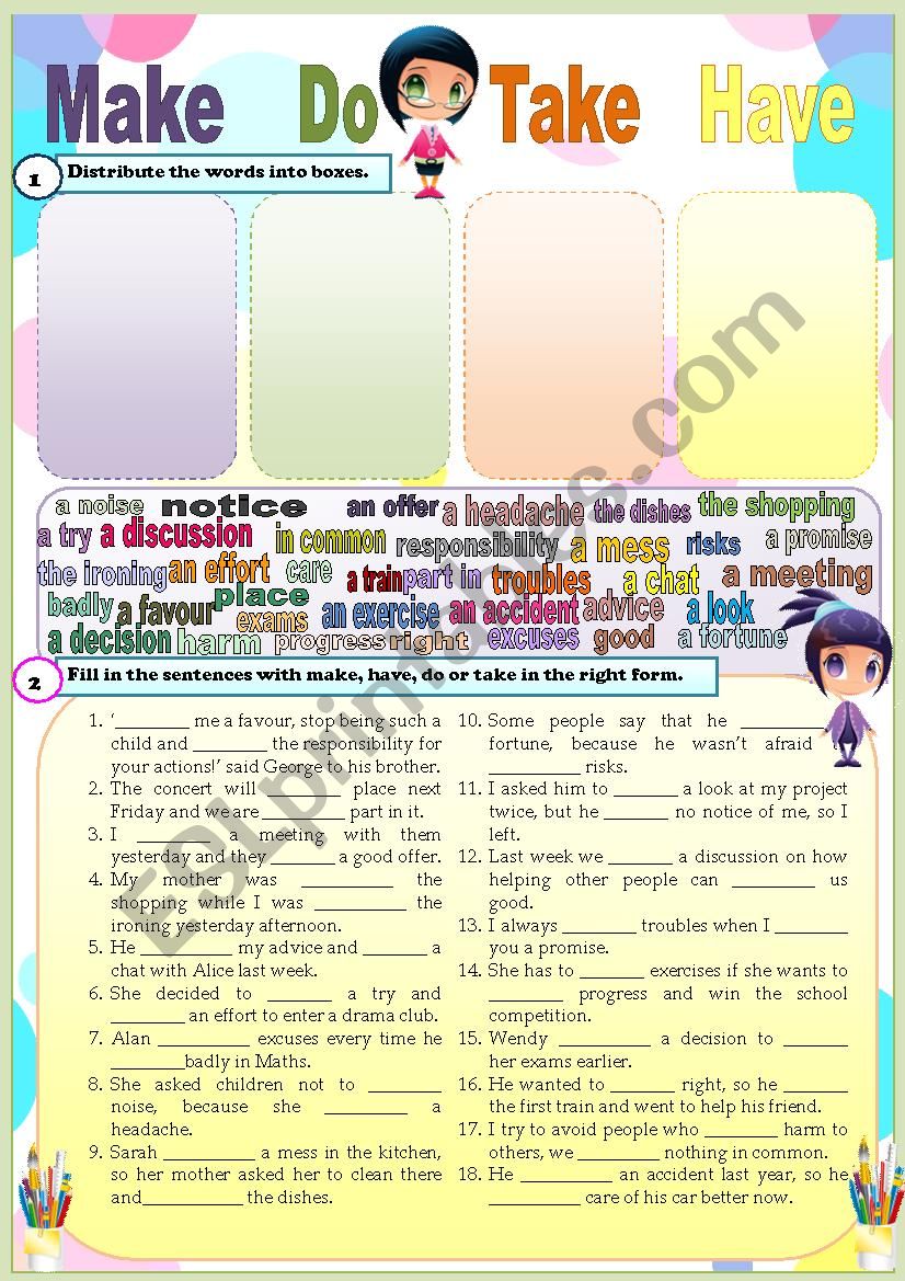 Make Do Have Take revision Key Included ESL Worksheet By Manusyasya