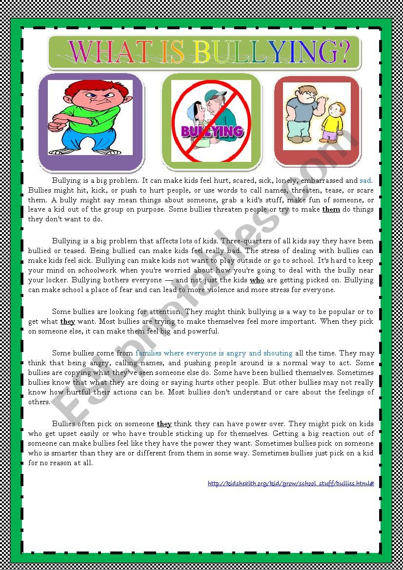 WHAT IS BULLYING? - ESL worksheet by ascincoquinas