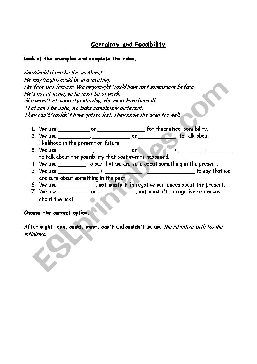 Certainty and Possibility worksheet